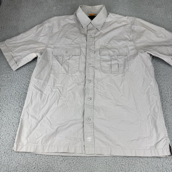 Timberland Shirt Men's Size Large Khaki Button-Up Long Sleeve Pockets Rugged Fit - Picture 2 of 10
